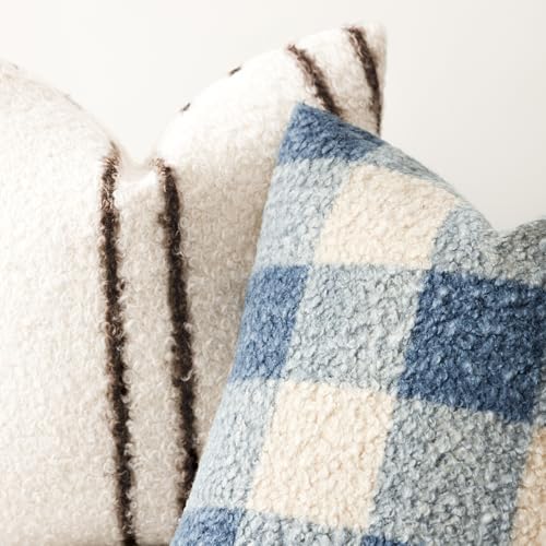 Image of Foindtower Pack of 2 Soft Faux Fur Boucle Throw Decorative Pillow Covers Fuzzy Accent Check Cushion Sherpa Boho Farmhouse Pillowcase for Couch Sofa Bed Living Room Home Decor 20x20 Inch,Dusty Blue