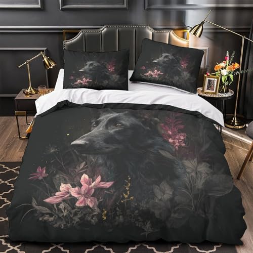 Housse de couette chien noir parure lit 140x200 microfibre