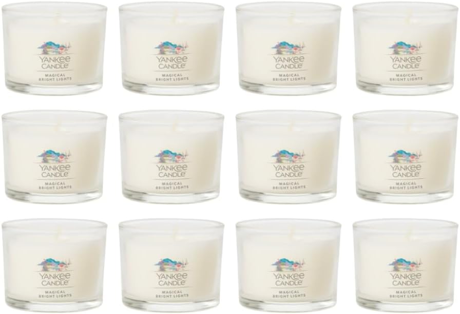 Yankee Candle Signature Votive Mini Candle Jar, Magical Bright Lights Scent, Natural Soy Wax Blend Candle with Natural Fiber Wick, 1.3 OZ Glass Jar (Pack of 12)