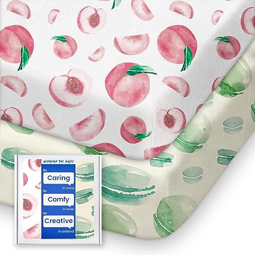 Image of TotBasic 2 Pack Fitted Super Soft Pack and Play Sheets for Pack N Play Mattress and Mini Crib, Premium Stretchy Breathable Mini Crib Sheets for Boys and Girls, Cute Pink Peach & Mint Macaroon