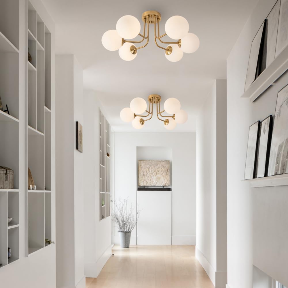 Modern Semi Flush Mount Ceiling Light,Gold White Glass Shade Semi Ceiling Light 6-Light,Sputnik Chandeliers for Bedroom Living Room Hallway Dining Room Lighting Fixture