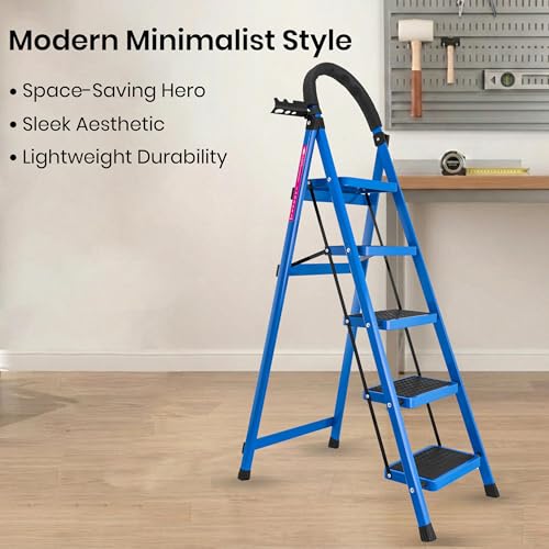 Image of Casa Copenhagen Blue 5 Step Ladder for Home Use with Built-in Tool Tray | Heavy Duty D Shape Rods | Ultra Large Platform | Wide Rubber Feet | 150Kg Capacity Foldable Ladder - 7 Years Warranty