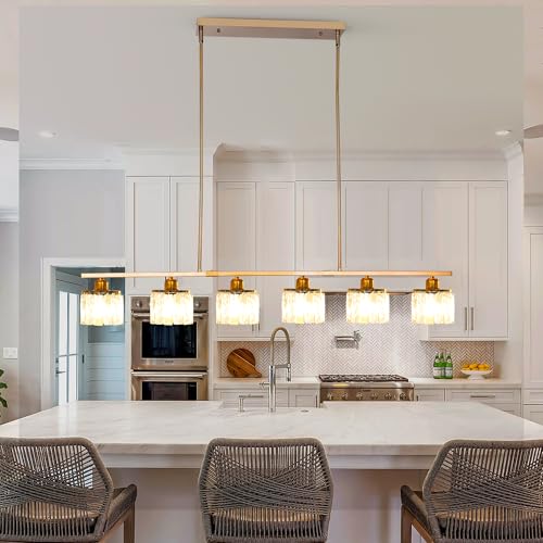 Ganeed Illuminazione per Isola Cucina Lampada per Sala da Pranzo Sospensione Regolabile Moderna Soffitto Lampadario Lineare Sopra Tavolo con Paralume in Cristallo K9 Oro 6 Luci