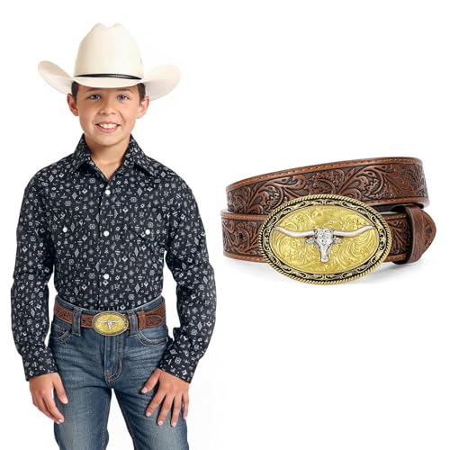 JKEEMI Kids Western Belt for Boys Girls Embossed Genuine Leather Cowboy Cowgirl Belt for Jeans Pant Dresses Gift