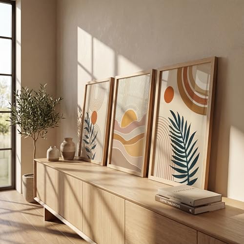 Image of NoWorries Boho art Framed Painting Set of 3 | Abstract prints mid century modern decor Frames | Sun wall art neutral wall decor minimalist line art | Botanical leaf prints scandinavian wall art Fame | Beige aesthetic Decor for living room, bedroom, office and gallery (Art-13, 13x19inch, Wooden)