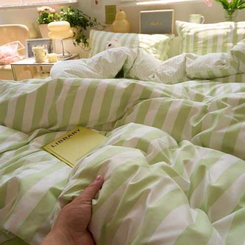 Image of VM VOUGEMARKET Striped Duvet Cover Set Queen Teens Boys Girls Dorm Bedding Set Soft Lightweight Reversible Microfiber Farmhouse Duvet /Quilt Cover-90 x90,Green White