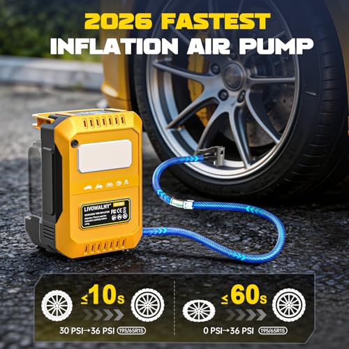 Image of LIVOWALNY 5X Faster Tire Inflator Air Compressor, 160PSI Cordless Air Pump Compatible with Dewalt 20V Battery with Digital Pressure Gauge, Deflator & Auto Shut-Off for Car, Motorcycle (Tool Only)