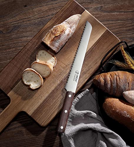 Umogi Bread Knife 8 Inch With Sheath - German High Carbon Stainless Steel, Ergonomic Grip Full Tang Wood Handle - Serrated Edge Home Kitchen Knife For Bread Tomatoes & Cake #TOP6