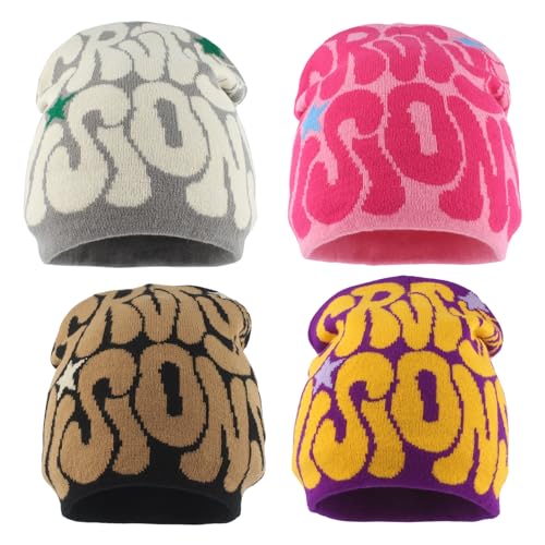 Image of yolrdiw 4 Pieces Y2k Beanie Letter Graphics Knitted Hat Winter Warm Skull Cap for Women Men