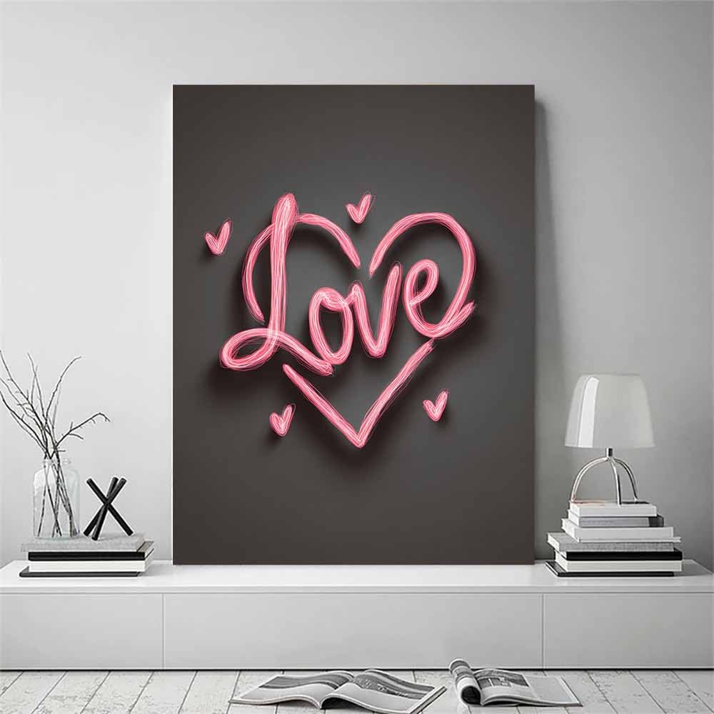 HUYEEI Obrazy ścienne miłość, neonowe serce, sztuka, nowoczesny, minimalistyczny mural, do sypialni, salonu, korytarza, baru, biura (różowy), 60 x 80 cm, oprawiony