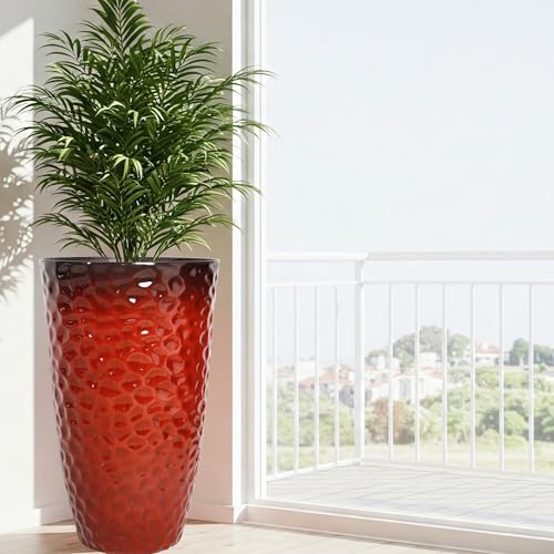 Worth Garden 14" Dia x 24" H Large Plastic Planters with Drainage Hole, Set of 2 Hammered Texture Red Glossy Smooth Finish, Tall Taper Round Decorative Flower Plant Pot for Indoor Outdoor, Front Porch - Image 8