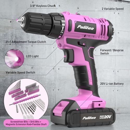 PULITUO Power Drill Tool Kit with 20V Cordless Drill/Driver, Electric Screwdriver, 2 Batteries & Charger, LED Light, 199-Piece Pink Home DIY Tool Set with Toolbox, Drill Set for Women & Men (Pink) - image 4