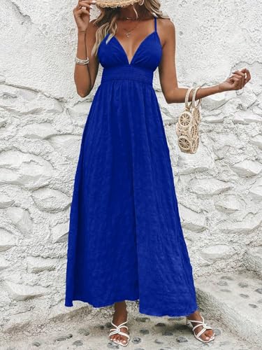 Image of Milumia Women's Summer V Neck Backless Maxi Dress Boho Spaghetti Strap A Line Flowy Beach Long Sundress