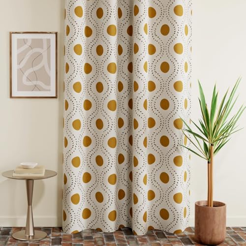 Image of HUESLAND Cotton Curtains for Windows, 6 feet Long 1 Bohemian Eyelet Curtain (Window 6 x 4 ft, Natural, Golden Ochre & Bistre)