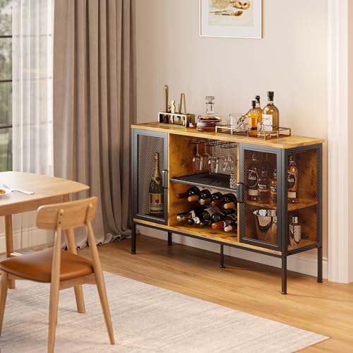 Gizoon Farmhouse Wine Bar Cabinet with Storage for Liquor and Glasses, Liquor Cabinet with Doors and Wine Rack Coffee Bar Cabinet for Dining Room Kitchen and Basement, Rustic Brown - Thumbnail 4
