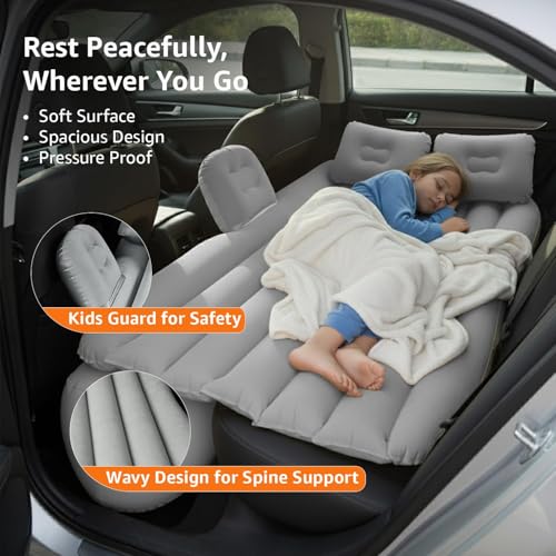 Image of Car Inflatable Bed for Back Seat, Portable SUV Air Mattress with Electric Pump, Thick Flocked Surface, Travel Sleeping Mattress for Camping, Road Trips, Outdoor Adventures (Grey)