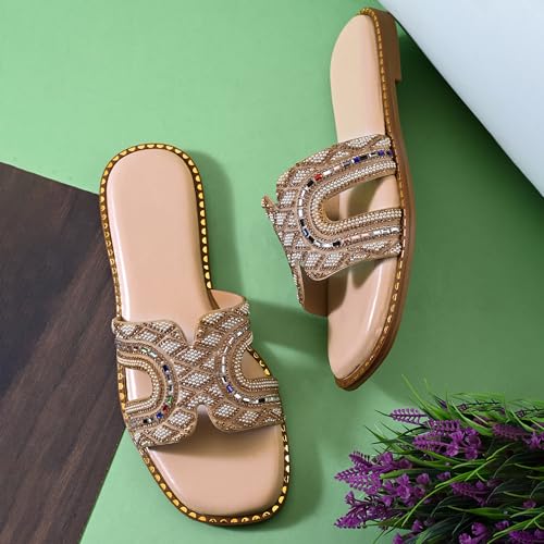 Image of Centrino Women's Beaded Flat Sandals | Stylish Gold Crystal Slip-On with Ornate Cutout Design | Soft Cushioned Footbed |Elegant & Trendy Open Toe Slip-On | Luxury Footwear for Wedding /Party (9301)