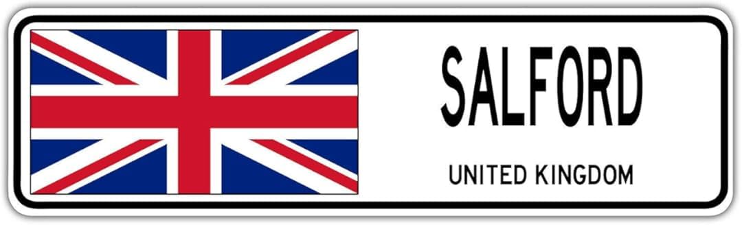 Yelacecca Tin Sign A9624 Salford, United Kingdom Street Sign British Flag City Country Road Street Sign 4X16 Inches