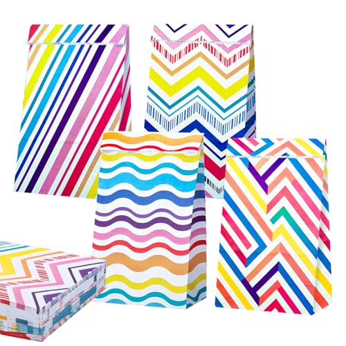 Rainbow Stripe Bolsas de Cumpleaños para Niños - 48 Bolsas de Regalo Coloridas para Cumpleaños Infantiles, Bolsas de Fiesta Coloridas para Regalos, Bolsas de Papel para Fiesta de Bodas, Cumpleaños