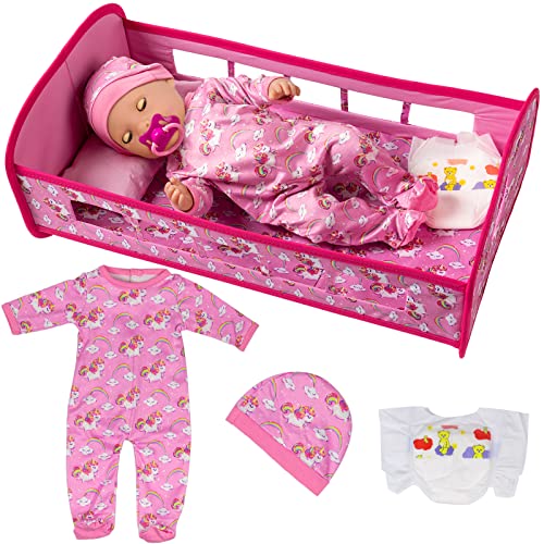 Ecore Fun Baby Doll Crib Furniture Reborn Baby Doll Bed And Accessories Play Set Included Romper Suit,Baby Doll Crib,Diaper Fit For 15'' -18" Baby Dolls #TOP21