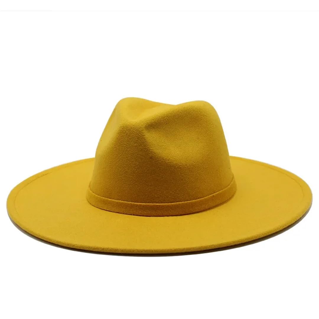 Pegsmio Women's Yellow 9.5Cm Big Wide Brim Imitation Wool Fedora Hat For Winter Elegant Jazz Church Hats
