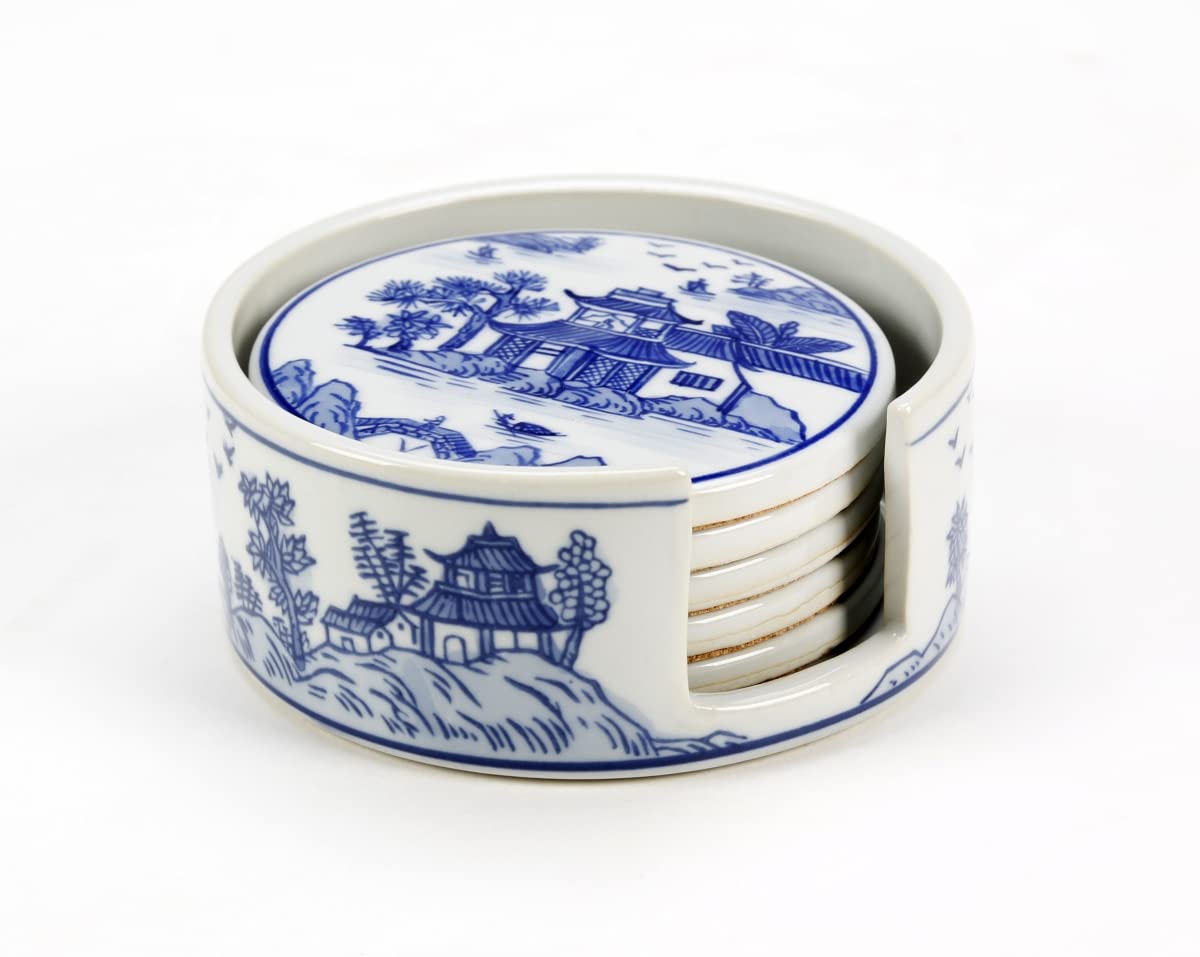 67070 Blue & White Pagoda Design Coaster Set of 5