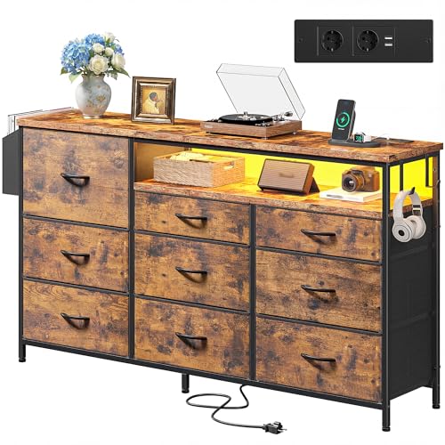 Kommode mit Schubladen, Schubladenschrank mit 40 LED-Lichteffekte und 2 USB & 2 Steckdosen, Komodenschrank mit 9 Stoffschubladen für Schlafzimmer, Wohnzimmer und Flur, 133 * 30 * 91.5cm, Vintage