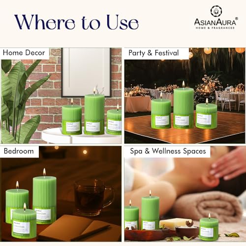 Image of ASIAN AURA Ribbed Pillar Candles - Pack of 3 | Scented Candles for Home Decor, Gifting & Festive Use | Long Burn time up to 36hrs | Clean-Burning Wax & Smokeless Flame (Lemon Grass)