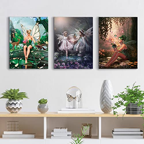 Soothan Fantasy Fairy Tale Canvas Wall Art Magical Fairyland Wall Painting Butterfly Fairy With Deer Bird Picture Poster 3D Prints Colorful Modern Artwork For Girls Bedroom Decor Ideal Gifts 12"X16" #TOP5