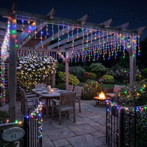 Image of ZALAR Icicle Diwali Lights Outdoor 11 ft 96 LED with 16 Drops String Lights with 8 Lighting Modes for Diwali, Christmas, Wedding, Birthday, Ganesh Puja, Balcony & Home Decoration (Multi-Color)