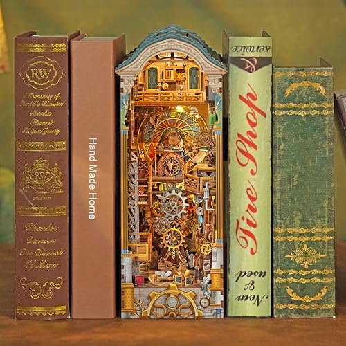 Image of Tonecheer DIY Book Nook Kit for Adults, 3D Wooden Puzzle Bookend Miniature House Kit, Booknook Bookshelf Insert Decor with Dust Cover and LED Lights Gifts (Clock Tower)