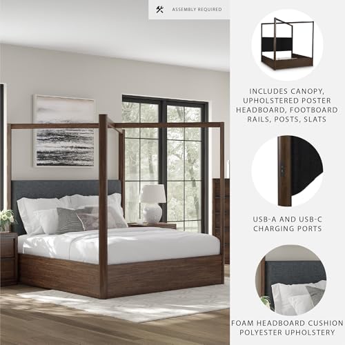 Image of Signature Design by Ashley Kendamor Modern Canopy Bed with Upholstered Headboard, Foundation or Box Spring Needed, California King, Dark Brown