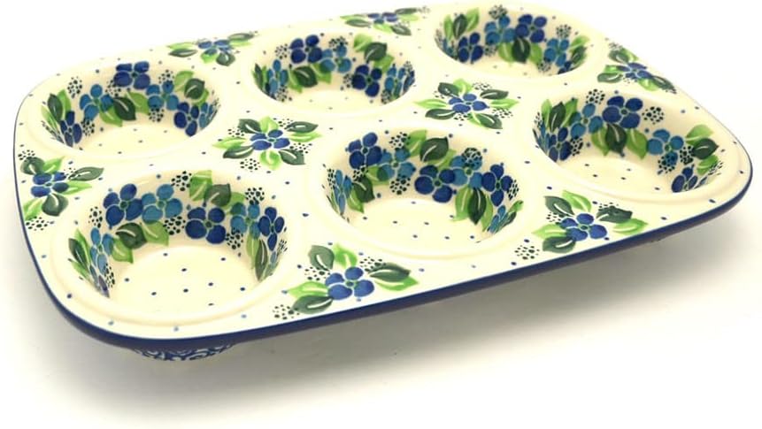 Polish Pottery Muffin Pan - Blue Phlox