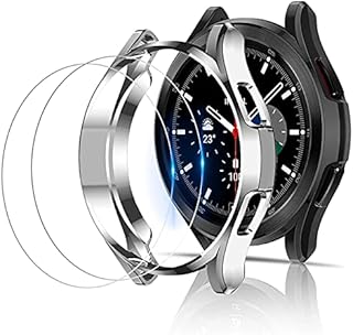 Miimall [2+2 Pack for Samsung Galaxy Watch 4 Classic 42mm 46mm Case with Tempered Glass Screen Protector, Soft TPU Protective Frame Shockproof Protective Shell Cover for Galaxy Watch 4 Classic-Silver