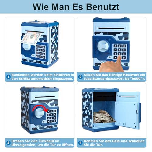 Pup Go Elektronische Spardose für Kinder 3+ Jahre, Sparschwein mit Passwort Automatischem, Kindertresor mit Realistischen Soundeffekten, Große Kapazität Spardose Tresor für Jungen Mädchen (Camo Blau)