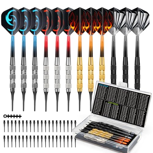 HUANQU 12 Pack Soft Tip Darts Set 17g Plastic Tip Darts for Electronic Dart board Darts with Case 40 Extra Dart Points 4 Colour dart Flights & Dart Wrench Darts Set for Beginners & Bar Games