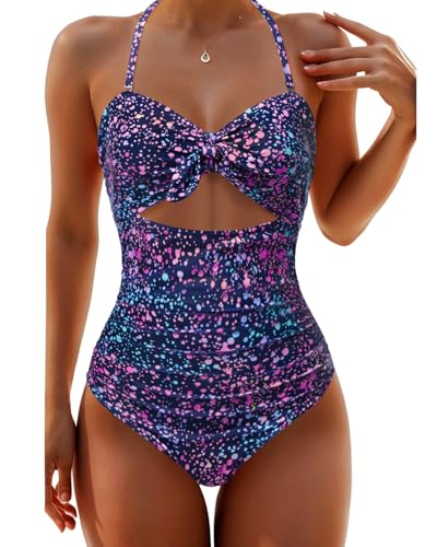 Image of Tempt Me Women Sexy Cutout One Piece Swimsuits Tummy Control High Waisted Halter Front Tie Knot Bathing Suit