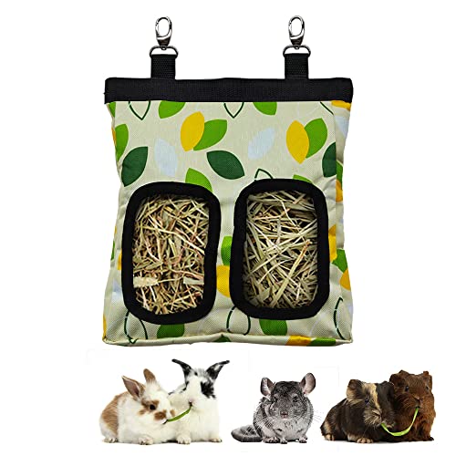 Guinea Pig Hay Feeder, Hanging Rabbit Hay Feeder Bag for Guinea Pigs Bunnies Chinchillas. M, Green Leaves