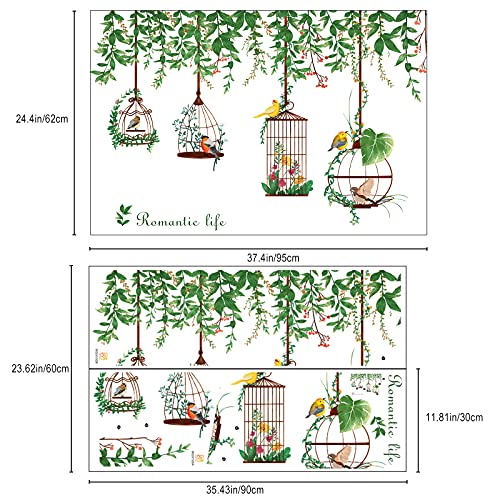 Flower Vine Tree Branch Wall Decals With Birdcage, Colorful Birds Green Plants Wall Stickers, Flowers Flying Bird Diy Art Murals For Bedroom Living Room Kids Rooms Nursery Wall Décor #TOP1