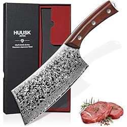 Huusk Meat Cleaver Knife Japanese Kitchen Knife 6.4 Inch, Hand Forged Butcher Knife for Meat Cutting, Vegetable Chopping Knife High Carbon Steel Damascus Pattern Chef Knife Cooking Gift Idea