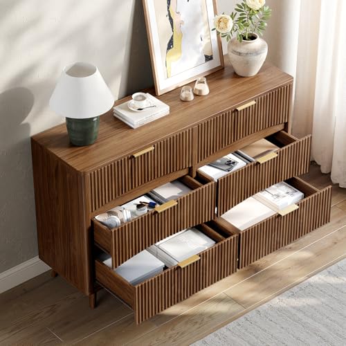 Image of Evermagin 54 inch Wide Fluted 6 Drawer Dresser, Mid Century Modern Curved Dresser, Light Wood Chest of Drawers for Bedroom, Living Room and Entryway, Walnut