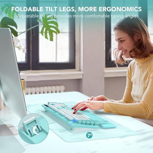 Wireless Keyboard, Round Keycaps, Retro Typewriter Keyboard with Detachable Wrist Rest, Sleep Mode, Foldable Legs, 2.4GHz Full-size Cordless Computer Keyboard for Windows/PC/Laptop (Tiffany Blue) by SABLUTE - Image 3
