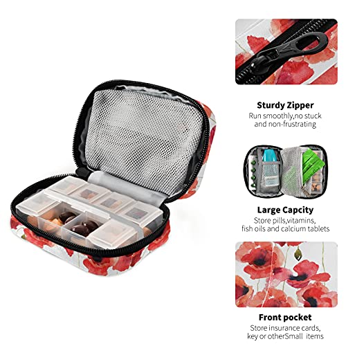 Image of Naanle Watercolor Poppy Flowers Pill Box 7 Day Pill Case Travel Pill Organizer Bag with Zipper Portable Weekly Case Compact Size for Vitamin Supplement Holder
