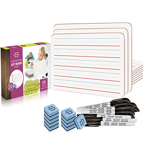 10 Pack Dry Erase Ruled Lap Boards l 9 X12 inch Lined Whiteboard (Double Sided White Boards) Markers & Erasers Included