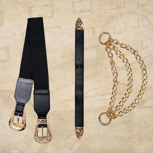 Image of Dubulle Womens Belt Chain Leather Belts Vintage Western Adjustable Elastic Double Buckle for Cowboy Pant Dress