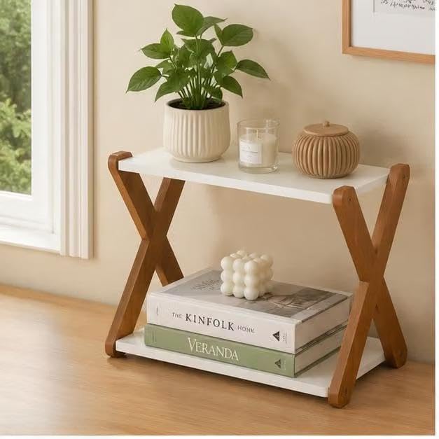 Image of 2-Tier Side Table with X-Frame Wooden Legs, White and Brown