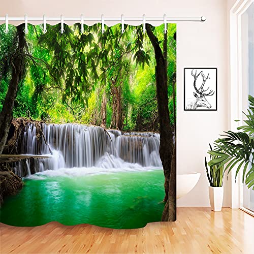 JOOCAR Bathroom Decorative, Green Lake Summer Waterfall in Forest Woodland Nature Jungle Scenery Art Printing Brown White, Waterproof Polyester Fabric Shower Curtain with 12 Hooks Size: 72x72 Inch - Image 2