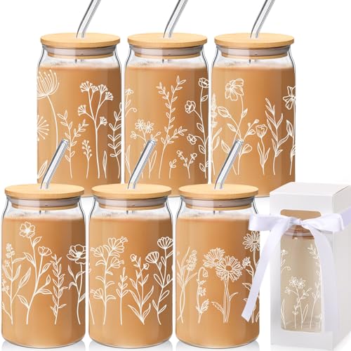 Havawish 12 Pcs Flower Glass Cups with Gift Boxes Glass Cups with Bamboo Lids and Straws Cute Coffee Tumbler for Women Bridesmaid Mothers Day(Boho) by Havawish - Used condition - US$33.24