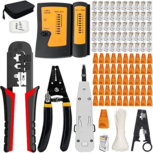 MAYLINEE RJ45 Cat5e Cat6 herramientas Kit de Reparación de Cables de red para pelacables alicates de, Cortador de Pelado de Ethernet, Crimpado de Profesional y Probador de LAN 50 Conectores (Negro) Cover
