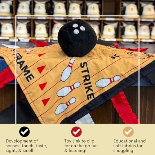 Image of Baby Jack & Co 10x10 Bowling Sports Lovey Sensory Plush Blanket - Tag Toys for Babies - Baby Stroller Toys - Learn Shapes, Letters & Colors - Perfect MVP Baby Toy & Baby Sports Gift w /Stroller Clip